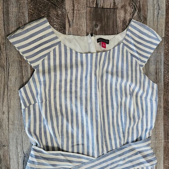 Vince Camuto Linen Jumpsuit Size 10 Striped Cap Sleeve Belted Pockets Beach Blue - Picture 14 of 14